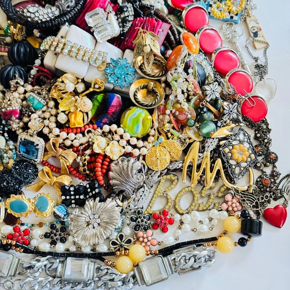 VTG To Now Rhinestone Colorful Junk Costume Jewelry Lot Craft Arts As Is 4.3lbs